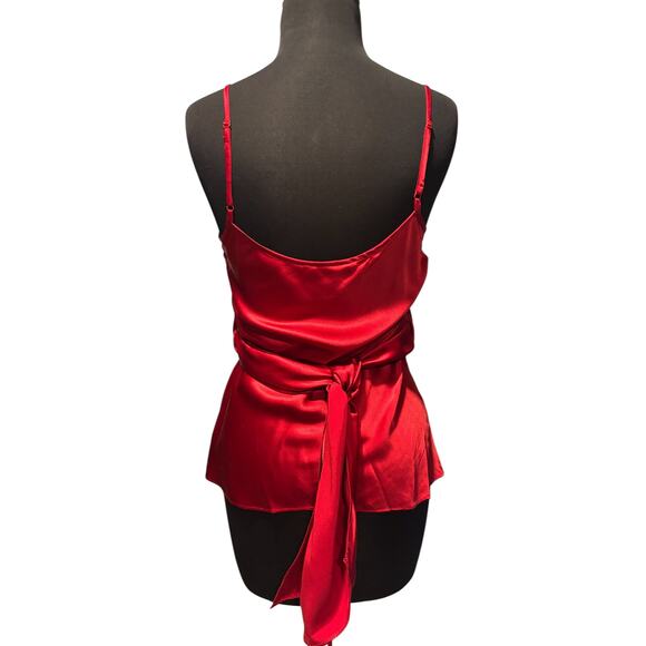 Boston Proper Red Silk Faux Wrap Plunging V Top Empire Waist Self Belt Sz 10 - Picture 6 of 6